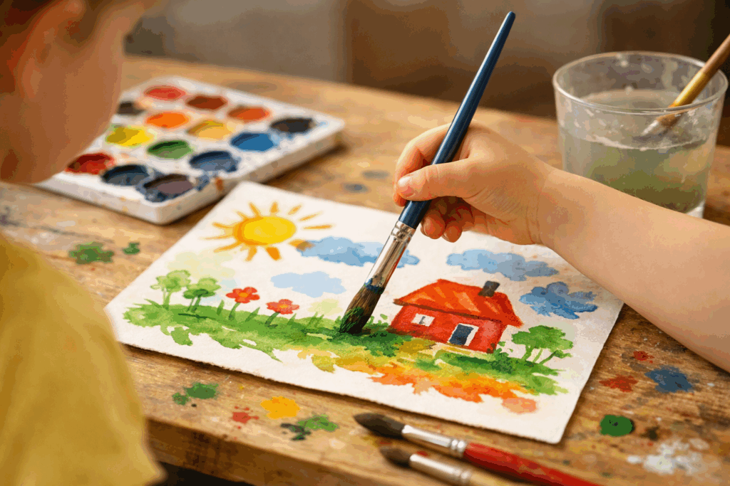 Malowanie dla przedszkolaka - dziecko maluje farbami kolorowy obrazek