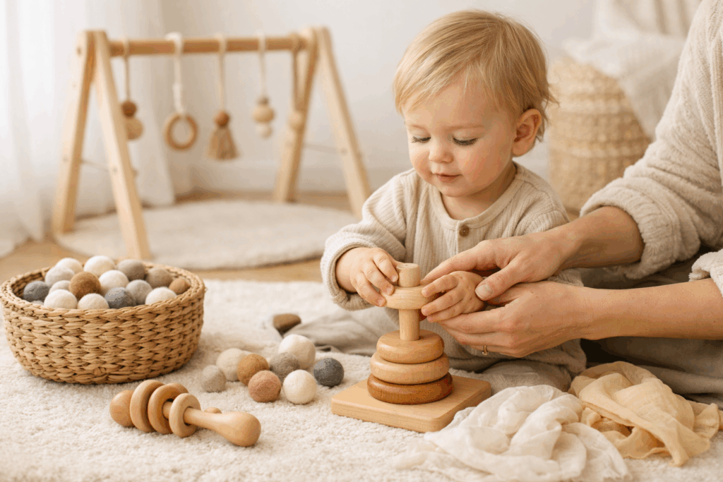 Co to jest Montessori – dziecko samodzielnie pracuje z drewnianymi pomocami rozwojowymi w przygotowanym otoczeniu.