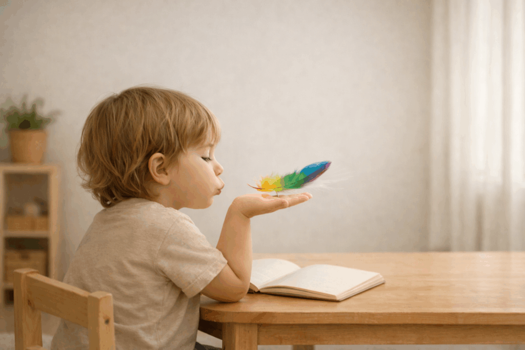 Oddychanie z piórkiem dla dzieci - dziecko delikatnie dmucha na kolorowe piórko