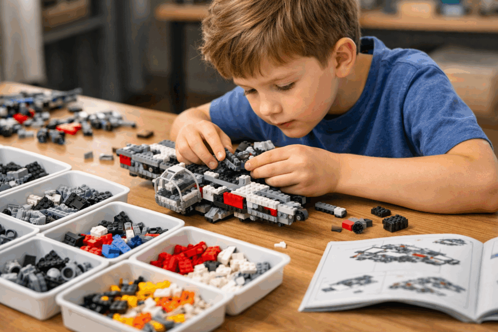 Budowanie z Lego - dziecko konstruuje złożony model z kolorowych klocków