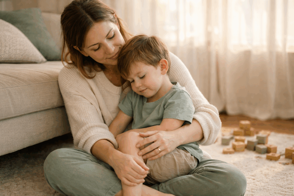 Agresja u dziecka – mama uspokaja zdenerwowanego malucha po wybuchu złości
