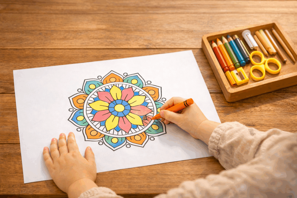Kolorowanie mandali dla dzieci - dziecko koloruje okrągły wzór kredkami.