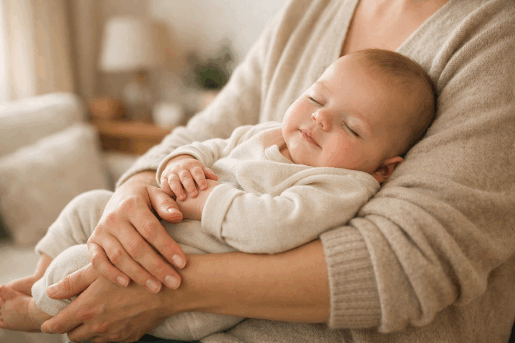 Kołysanie niemowlaka - rodzic delikatnie buja dziecko na rękach