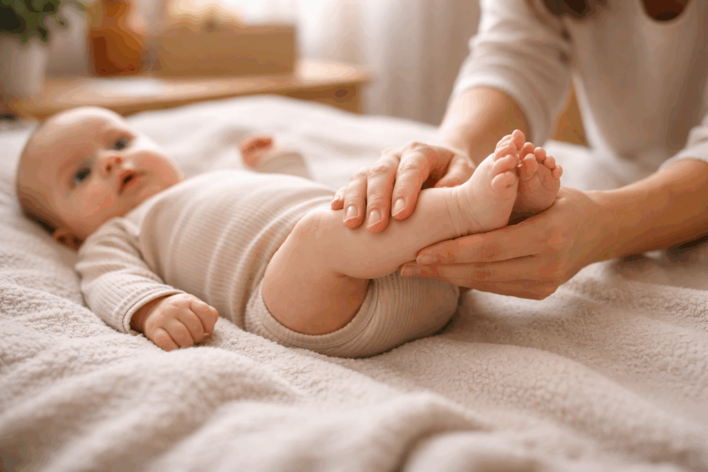 Masaż niemowlęcia - mama delikatnie masuje nóżki maluszka