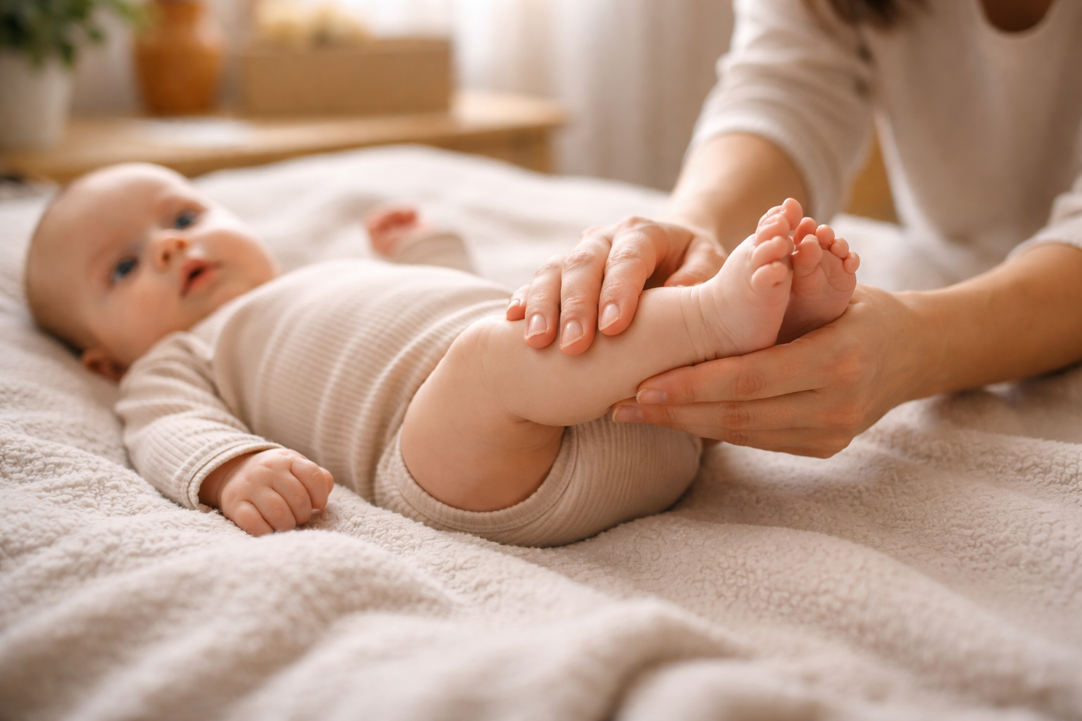 Masaż niemowlęcia - mama delikatnie masuje nóżki maluszka