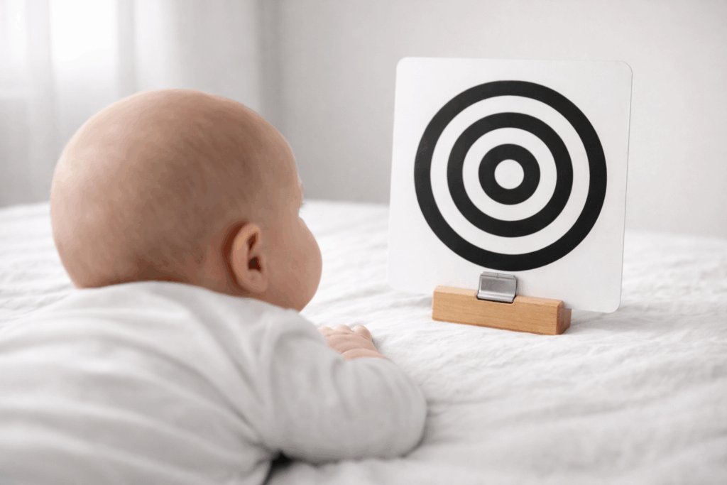 Kontrastowe obrazki dla niemowląt - czarno-biała kartka z geometrycznym wzorem