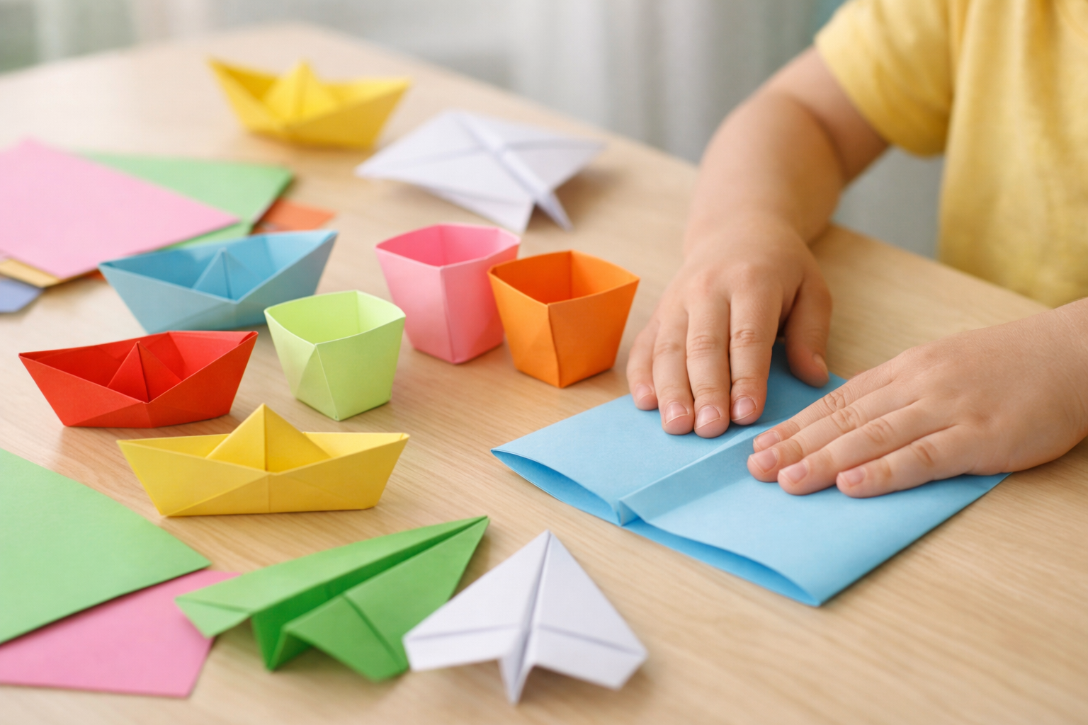 Origami dla dzieci - kolorowe papierowe łódki i samoloty złożone przez przedszkolaka