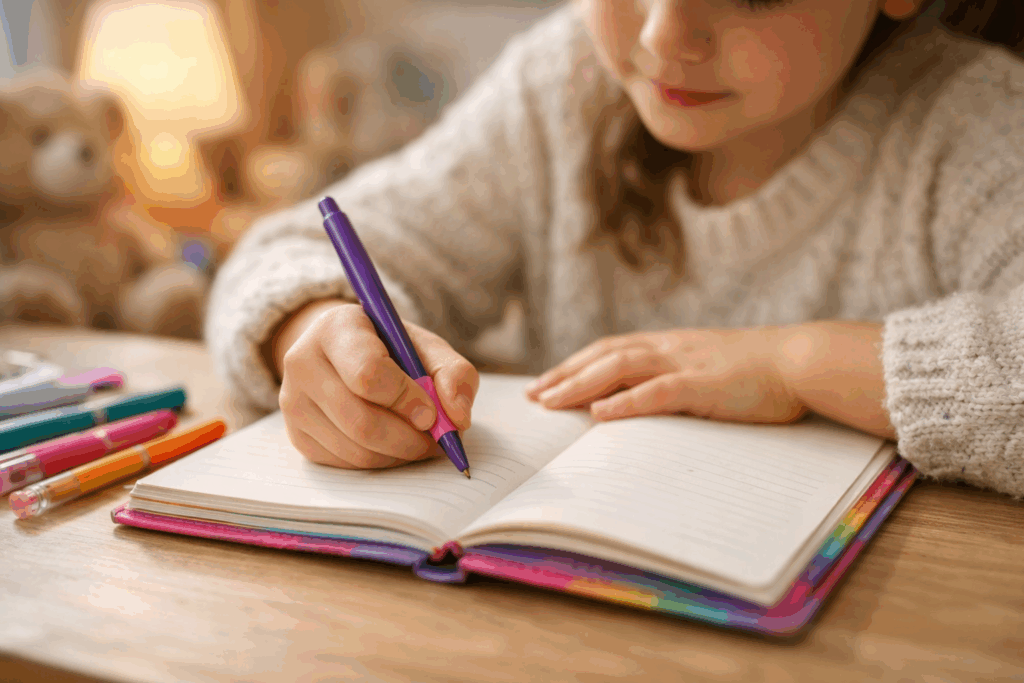 Dziennik dla dziecka - dziewczynka pisze w kolorowym notesie