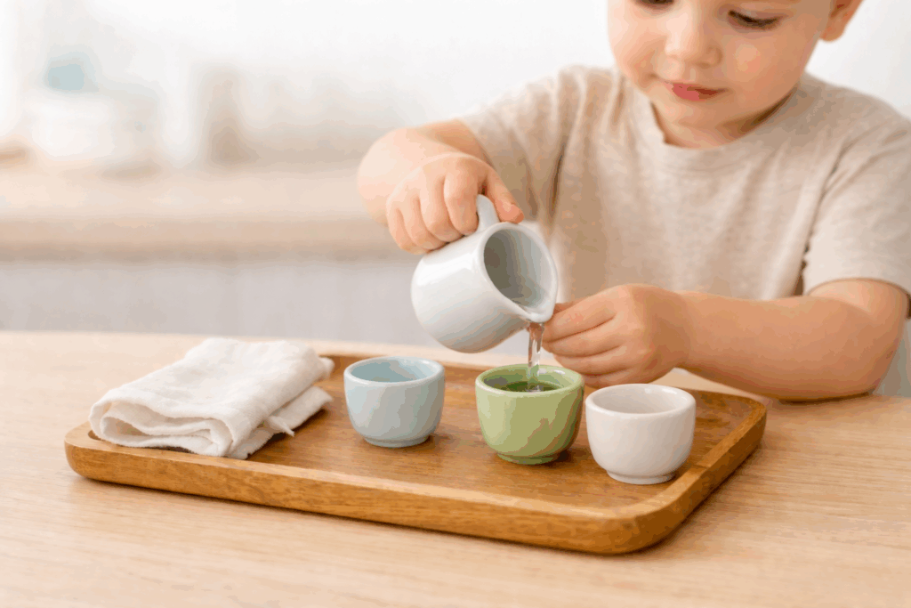 Przelewanie wody Montessori - dziecko przelewa wodę z dzbanuszka do kubeczków.