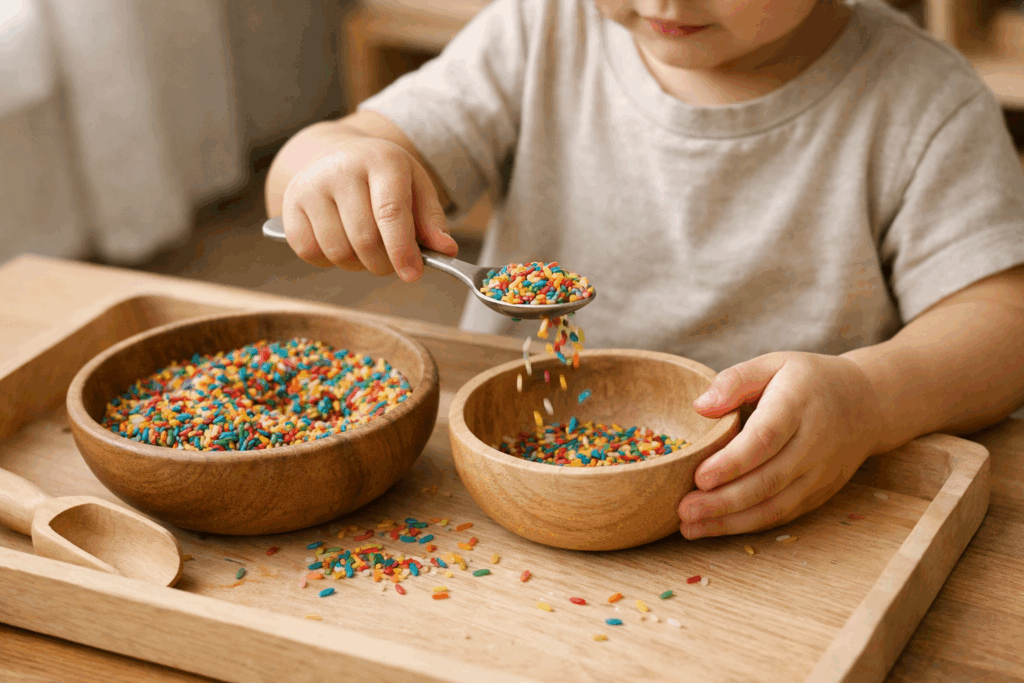 Zabawy sensoryczne dla malucha - dziecko przesypuje kolorowy ryż między miskami