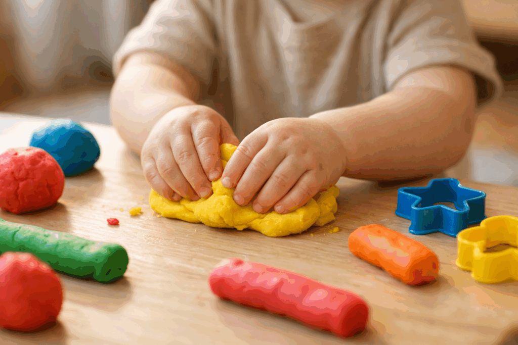 Zabawa plasteliną dla dwulatka - małe ręce ugniatają kolorową masę