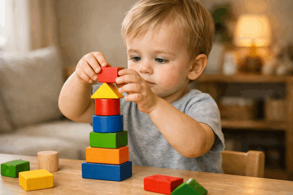 Budowanie z klocków dla dwulatka - maluch stawia kolorową wieżę z drewnianych klocków