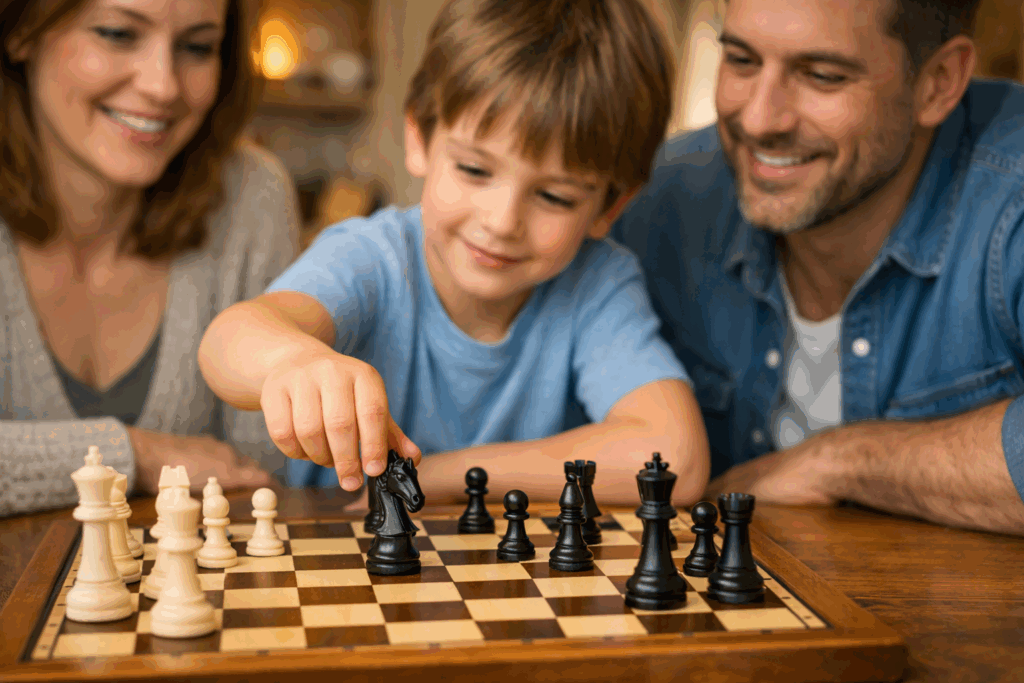 Gry planszowe strategiczne dla dzieci - rodzina gra w szachy przy stole