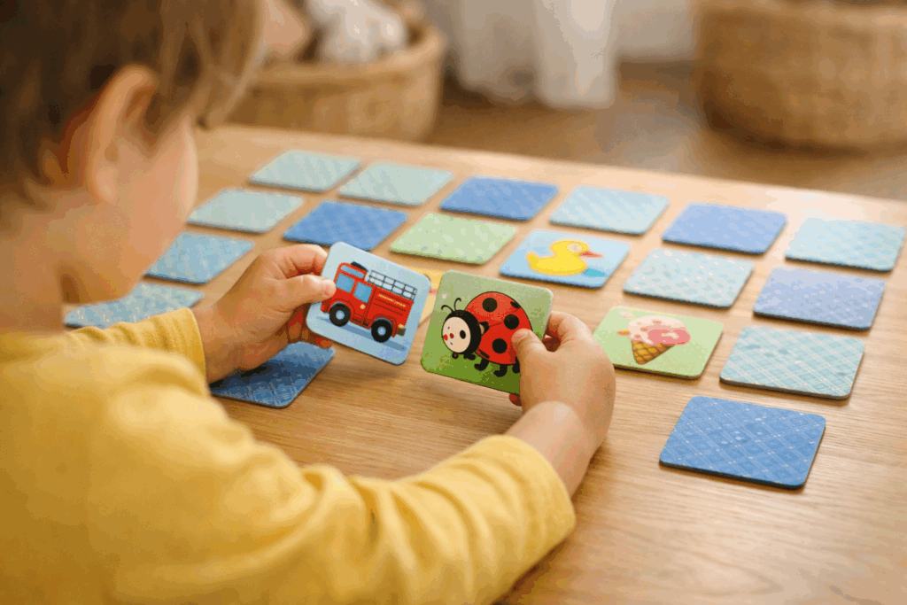 Gra w memo dla przedszkolaka - dziecko odwraca kolorowe karty z obrazkami