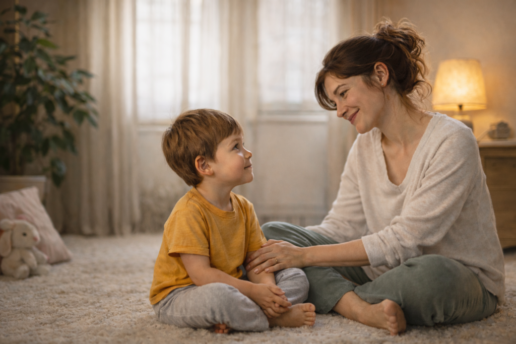 Jak nie krzyczeć na dziecko – mama oddycha głęboko i spokojnie rozmawia z maluchem